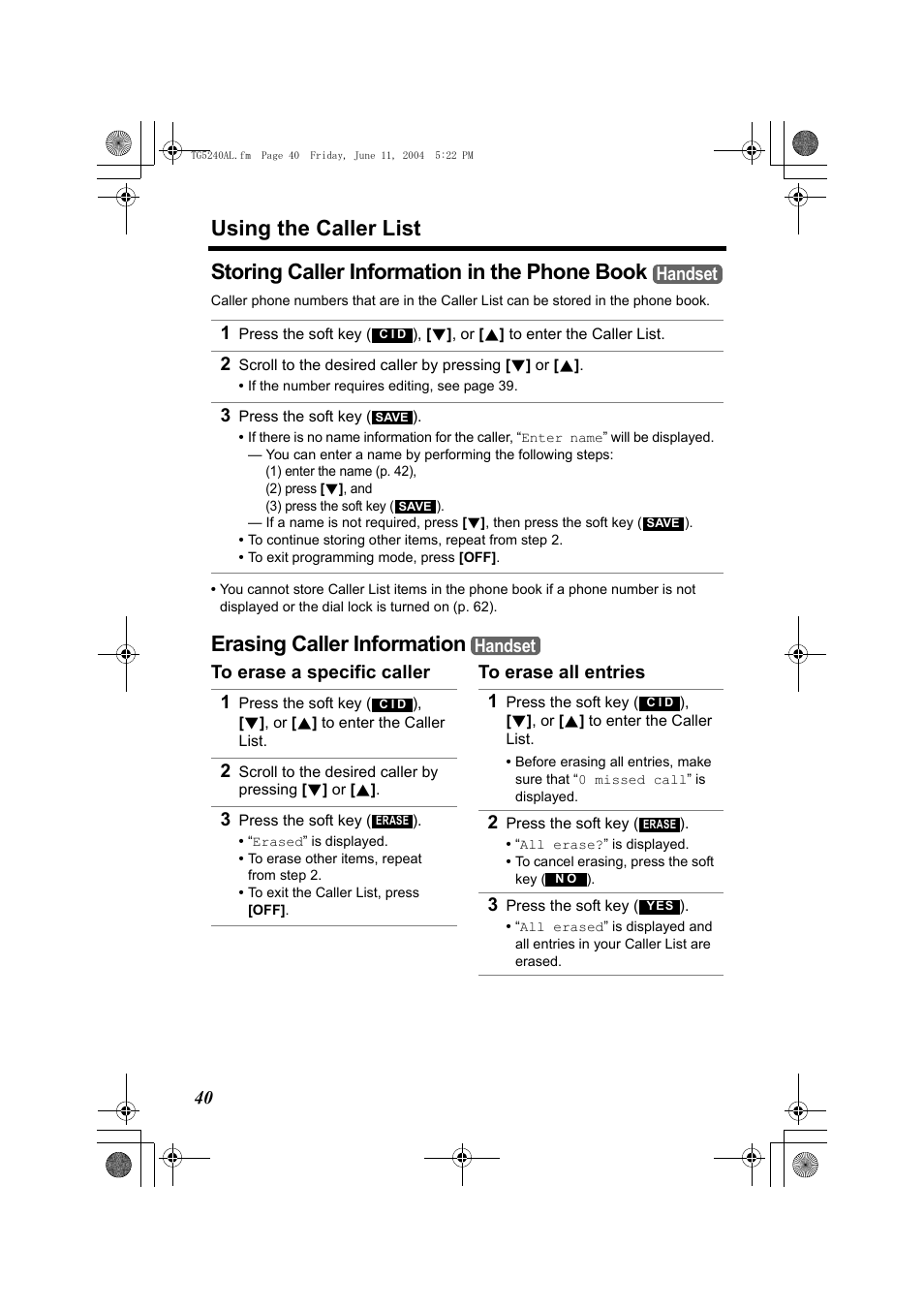 Using the caller list, Storing caller information in the phone book, Erasing caller information | Handset, Handset 1 | Panasonic KX-TG5240AL User Manual | Page 40 / 100