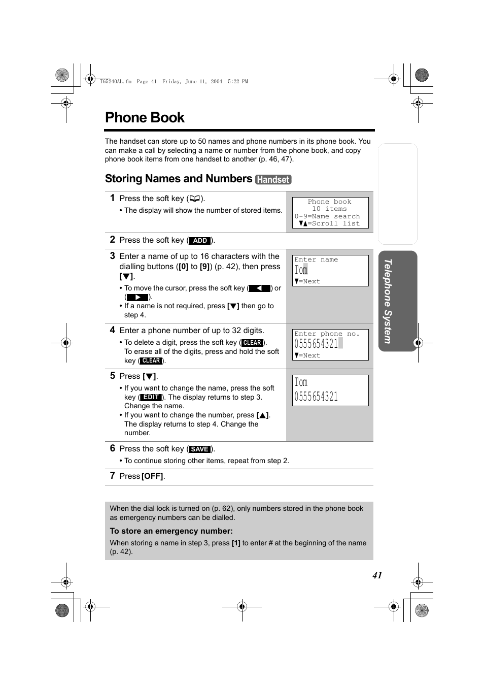 Phone book, Storing names and numbers | Panasonic KX-TG5240AL User Manual | Page 41 / 100