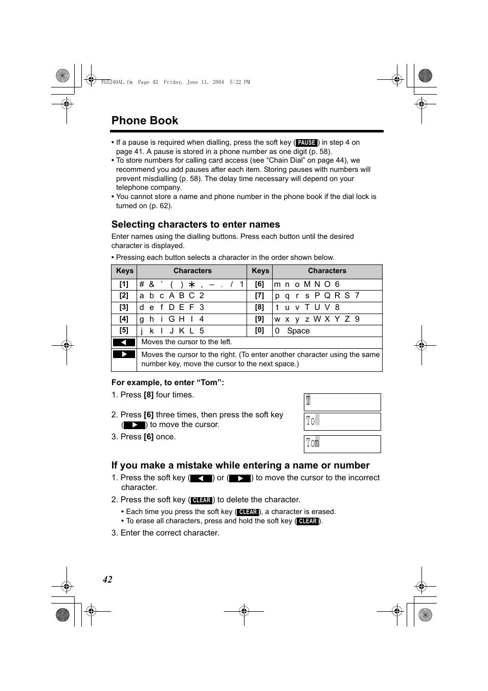 T to, Phone book, Selecting characters to enter names | Panasonic KX-TG5240AL User Manual | Page 42 / 100
