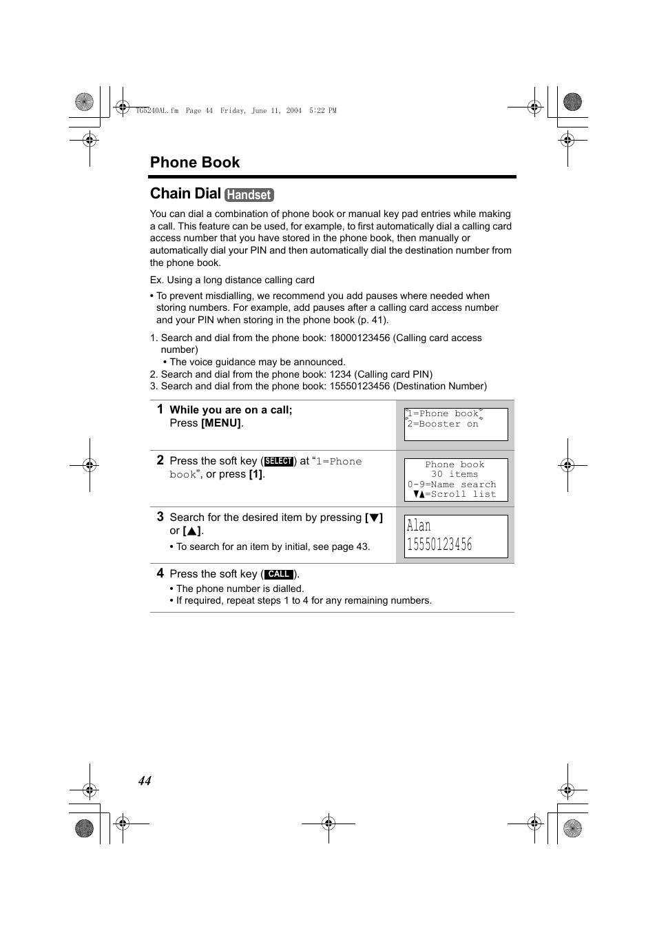 Phone book, Chain dial | Panasonic KX-TG5240AL User Manual | Page 44 / 100
