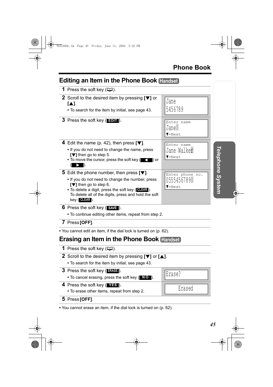 Jane, Jane walke | r, Erase | Erased, Phone book, Editing an item in the phone book, Erasing an item in the phone book | Panasonic KX-TG5240AL User Manual | Page 45 / 100