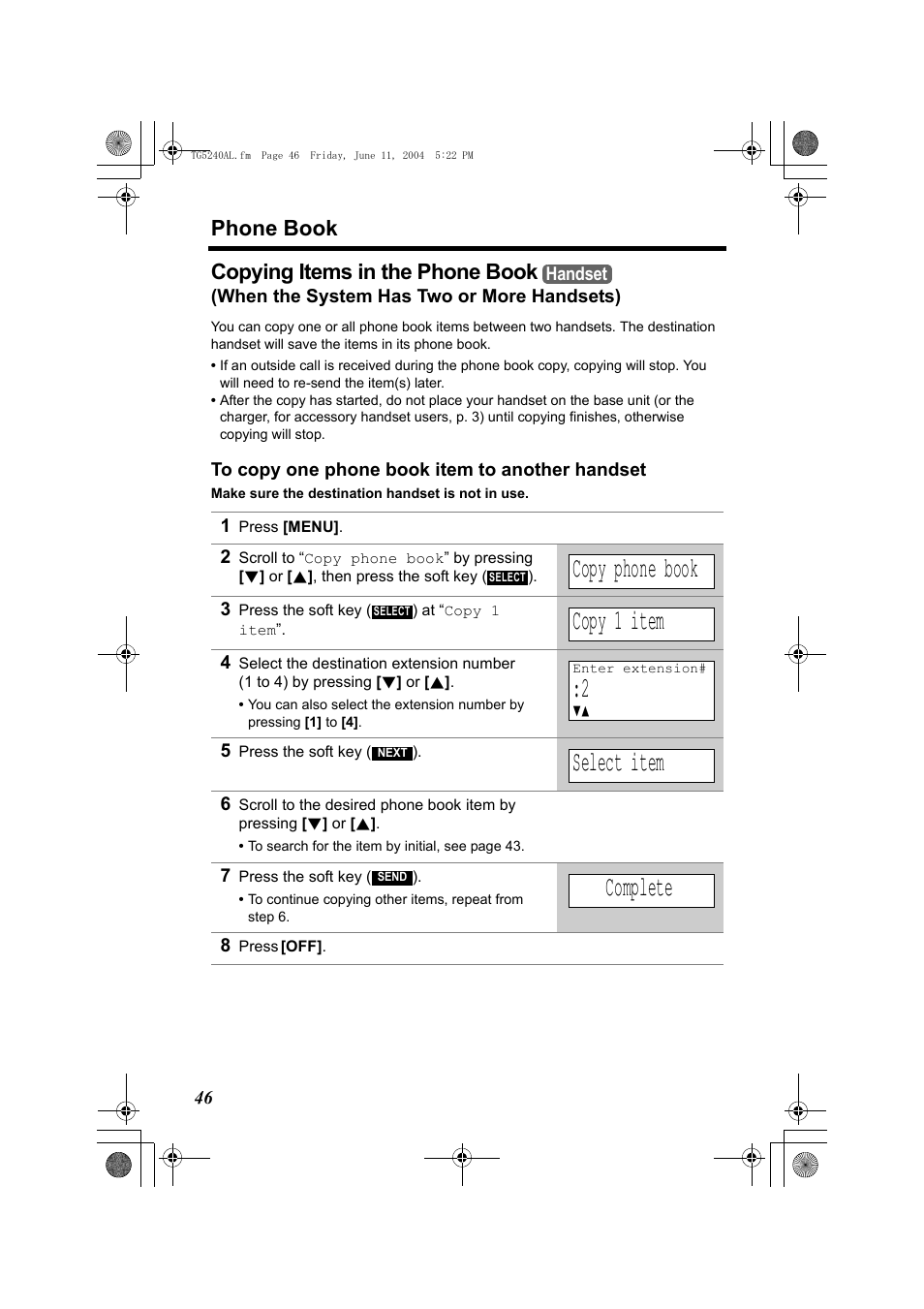 Copy phone book, Copy 1 item, Select item | Complete, Phone book, Copying items in the phone book | Panasonic KX-TG5240AL User Manual | Page 46 / 100