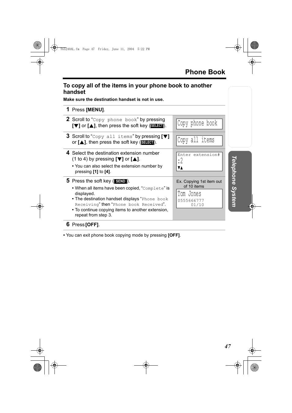 Copy phone book, Copy all items, Tom jones | Phone book | Panasonic KX-TG5240AL User Manual | Page 47 / 100