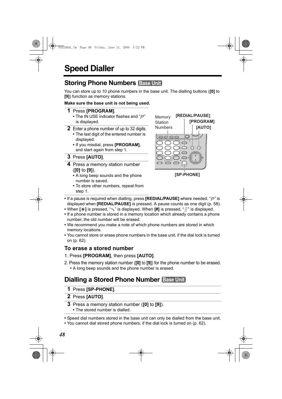 Speed dialler, Storing phone numbers, Dialling a stored phone number | Panasonic KX-TG5240AL User Manual | Page 48 / 100