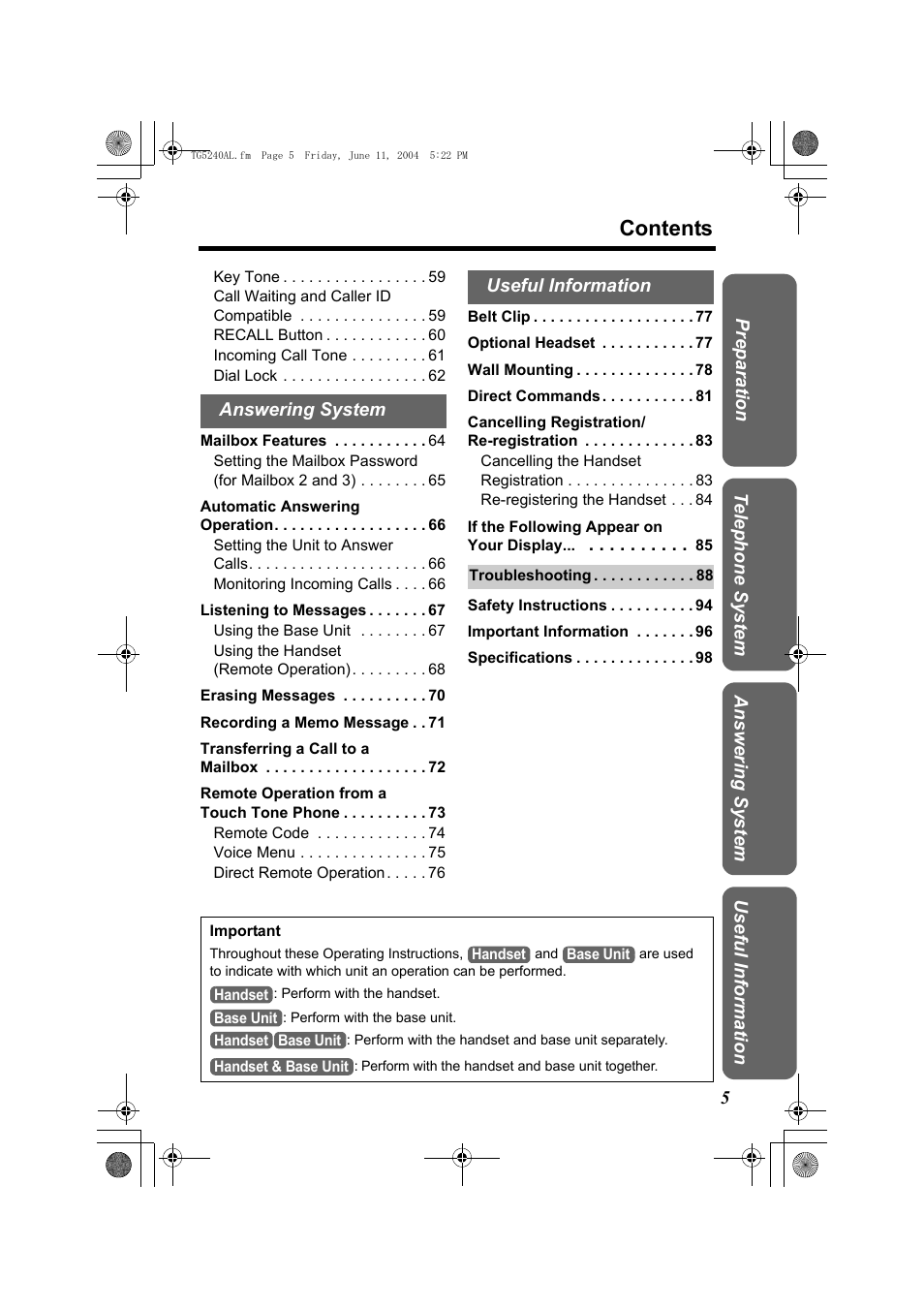 Panasonic KX-TG5240AL User Manual | Page 5 / 100