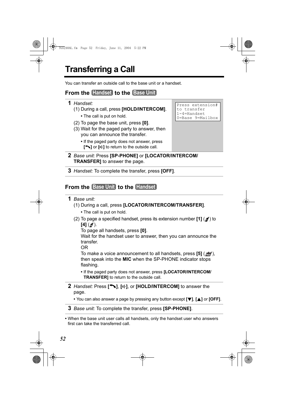 Transferring a call | Panasonic KX-TG5240AL User Manual | Page 52 / 100