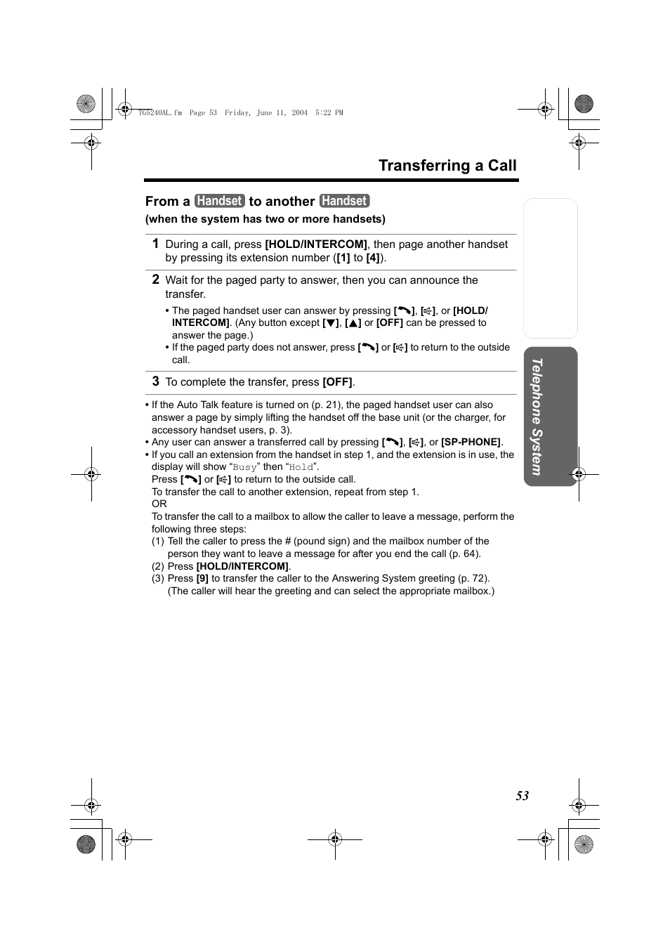 Transferring a call | Panasonic KX-TG5240AL User Manual | Page 53 / 100