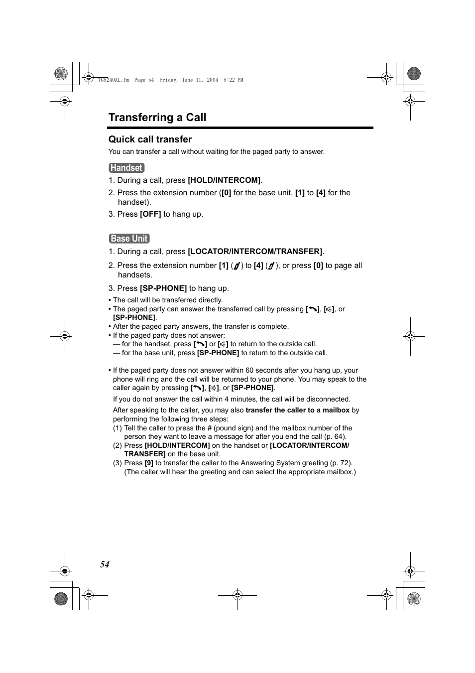 Transferring a call, 54 quick call transfer, Handset base unit | Panasonic KX-TG5240AL User Manual | Page 54 / 100