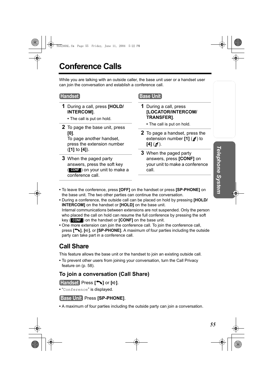 Conference calls, Call share | Panasonic KX-TG5240AL User Manual | Page 55 / 100