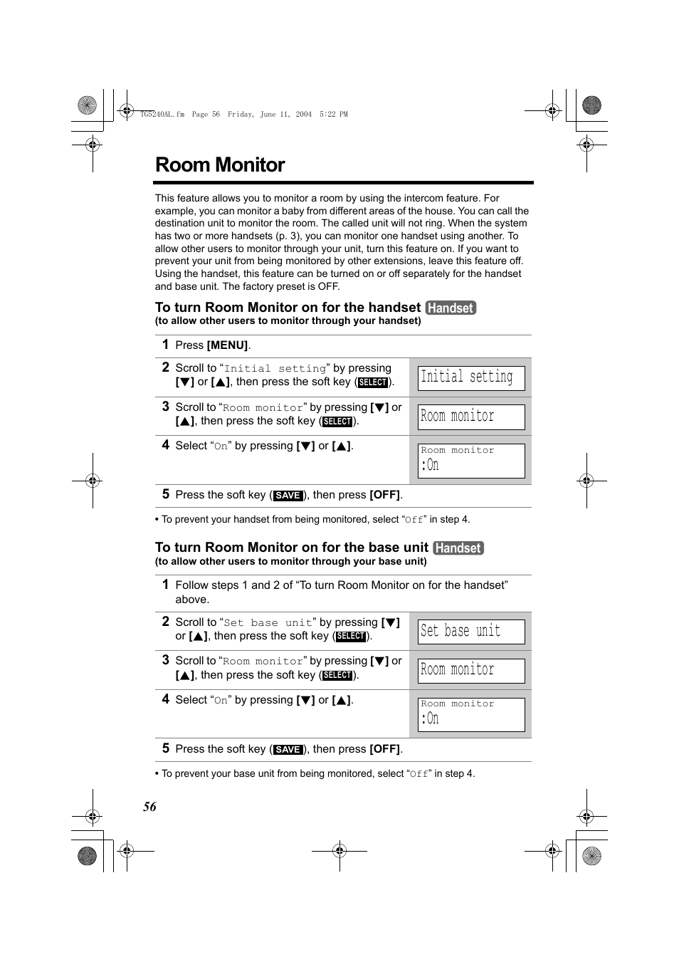 Room monitor, Initial setting, Set base unit | Panasonic KX-TG5240AL User Manual | Page 56 / 100