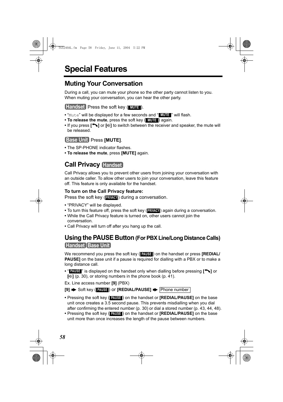 Special features, Muting your conversation, Call privacy | Using the pause button, For pbx line/long distance calls), Handset, Base unit handset, Handset base unit | Panasonic KX-TG5240AL User Manual | Page 58 / 100