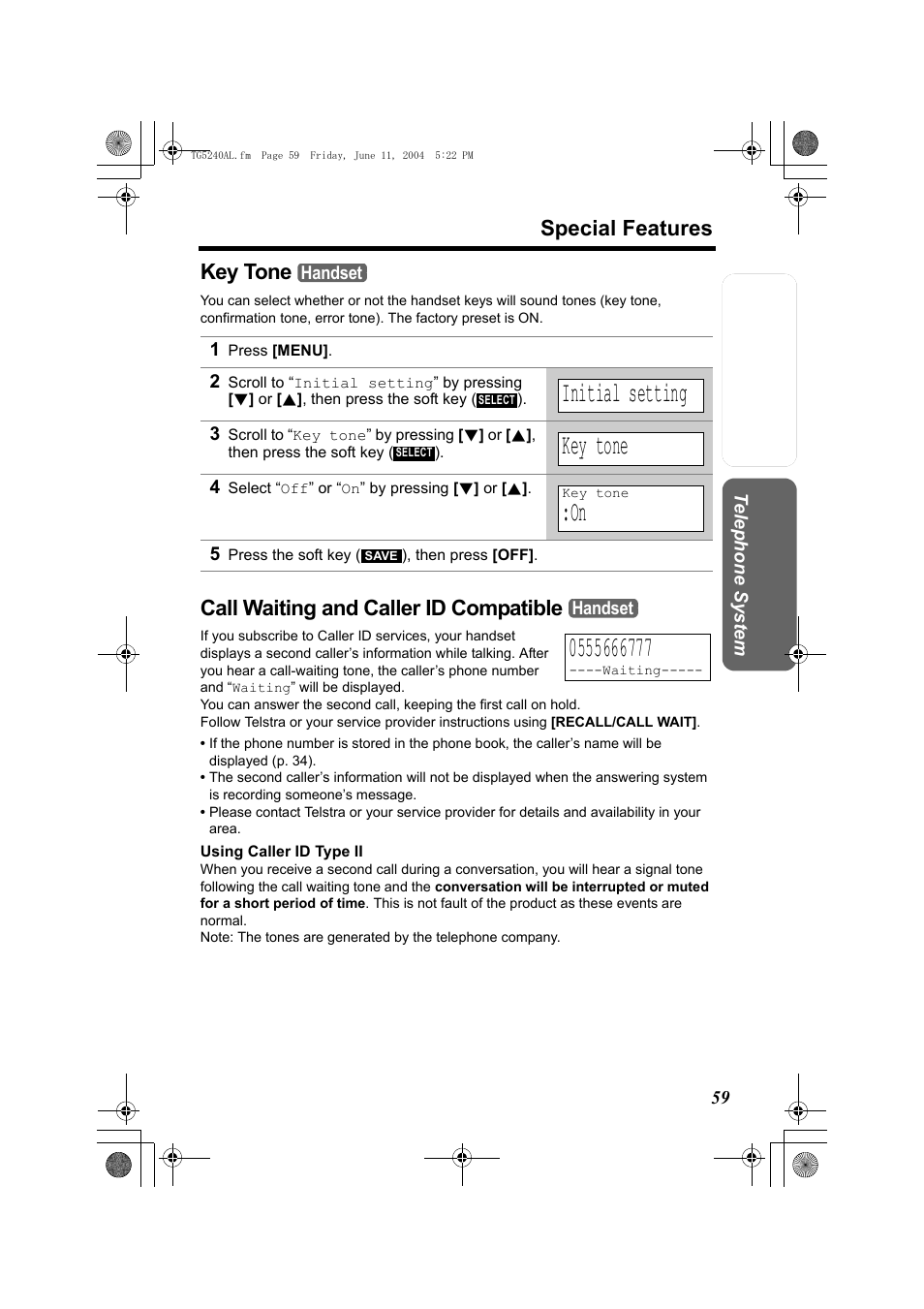 Initial setting, Special features, Key tone | Call waiting and caller id compatible | Panasonic KX-TG5240AL User Manual | Page 59 / 100