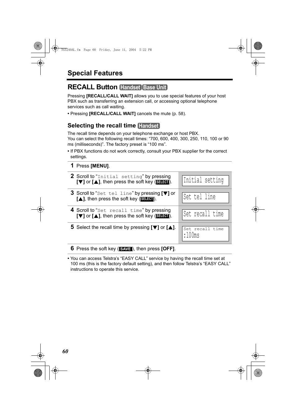 Initial setting, Set tel line, Set recall time | 100ms, Special features, Recall button | Panasonic KX-TG5240AL User Manual | Page 60 / 100