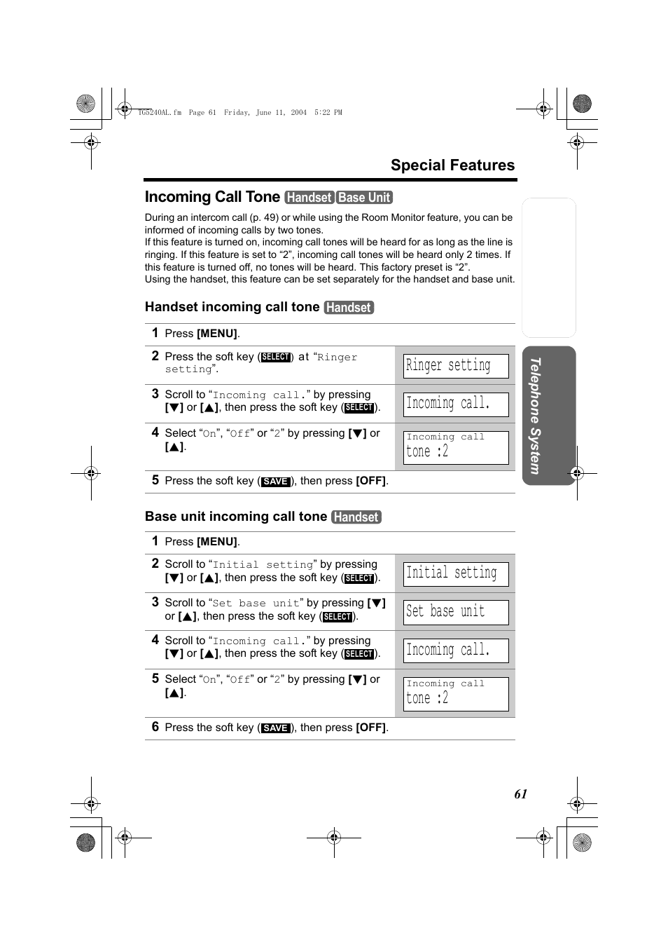 Ringer setting, Incoming call, Tone :2 | Initial setting, Set base unit, Special features, Incoming call tone | Panasonic KX-TG5240AL User Manual | Page 61 / 100