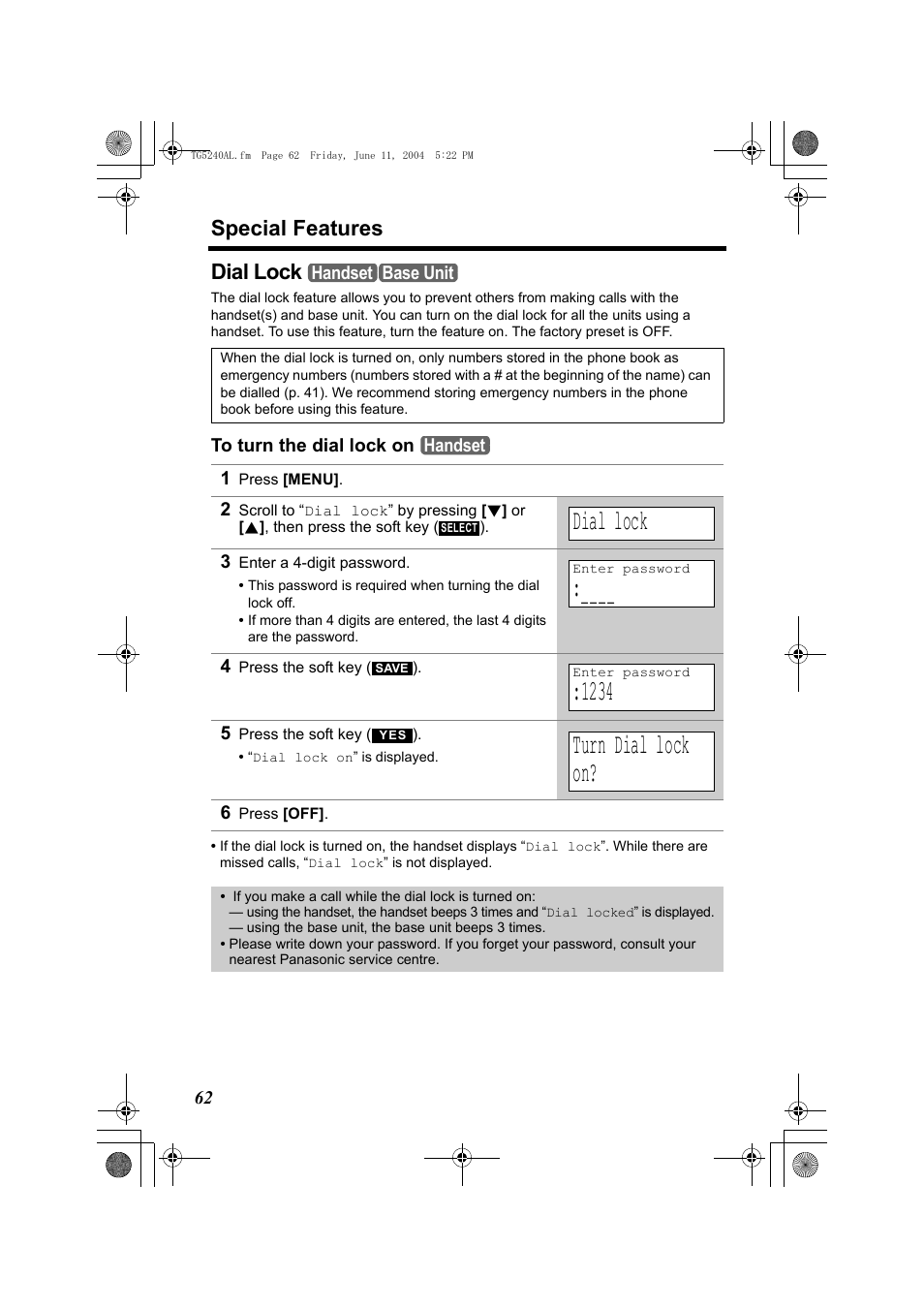 Turn dial lock on, Special features, Dial lock | Panasonic KX-TG5240AL User Manual | Page 62 / 100