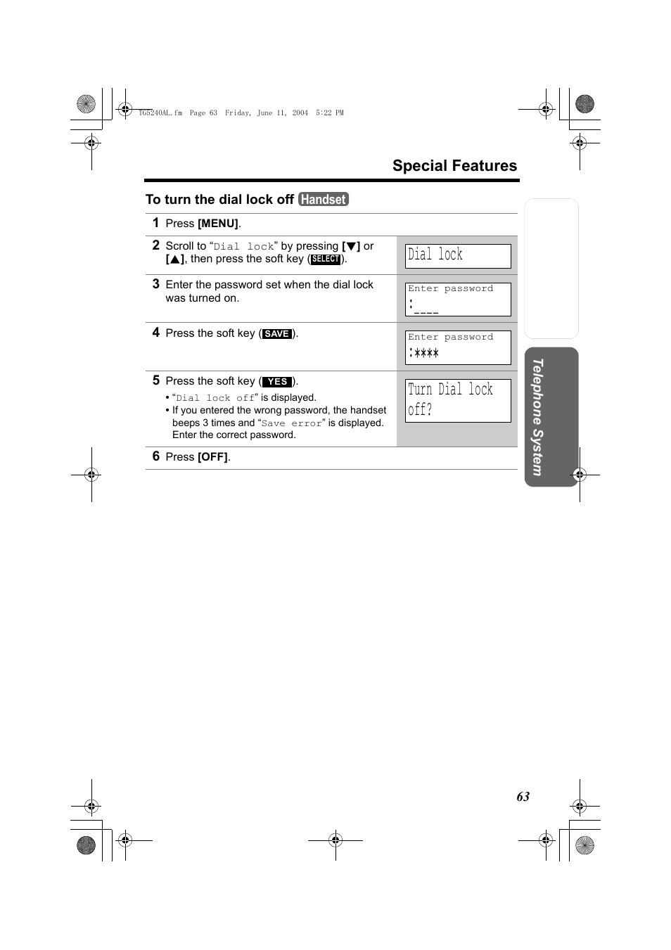 Dial lock, Turn dial lock off | Panasonic KX-TG5240AL User Manual | Page 63 / 100