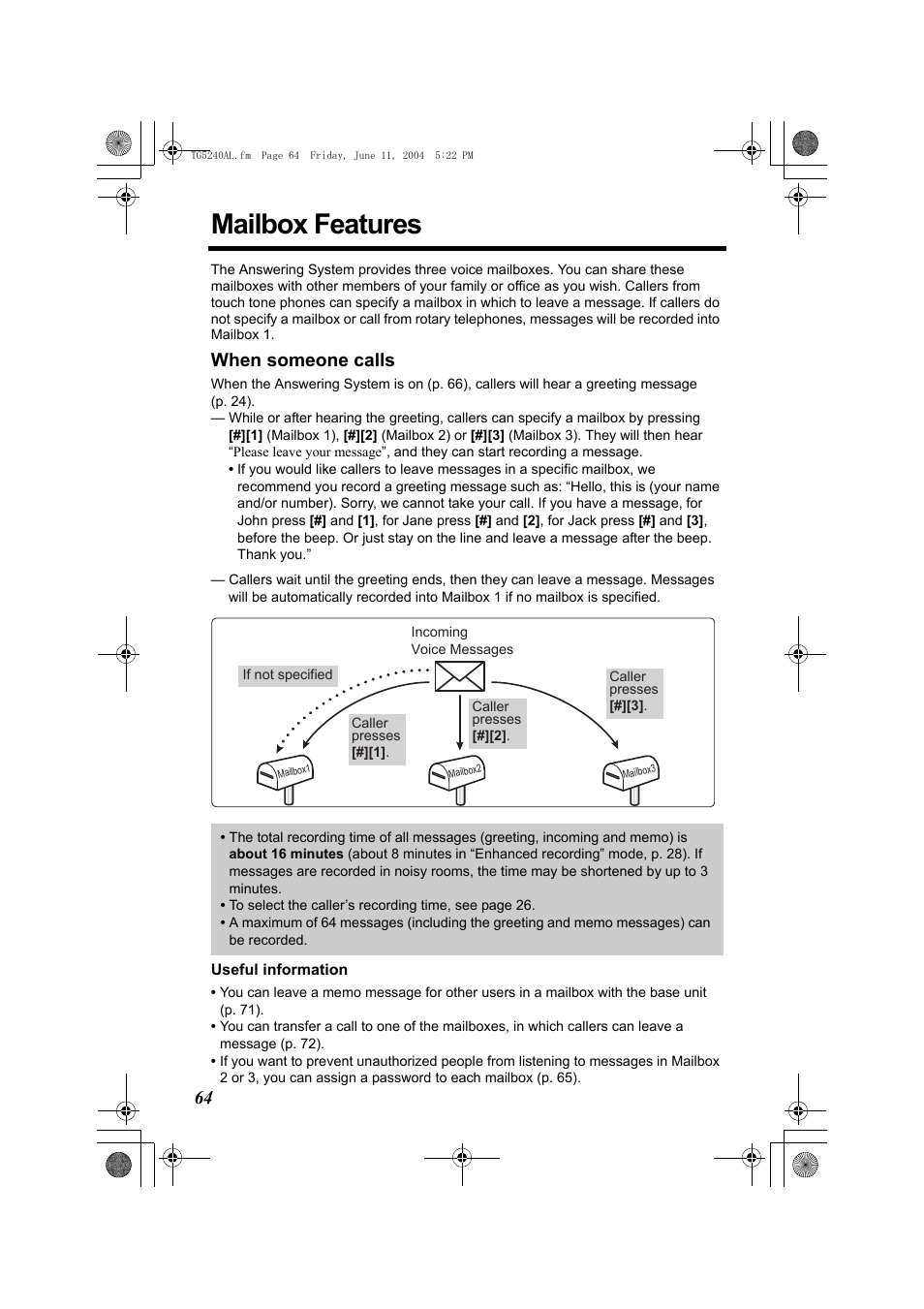 Mailbox features, When someone calls | Panasonic KX-TG5240AL User Manual | Page 64 / 100