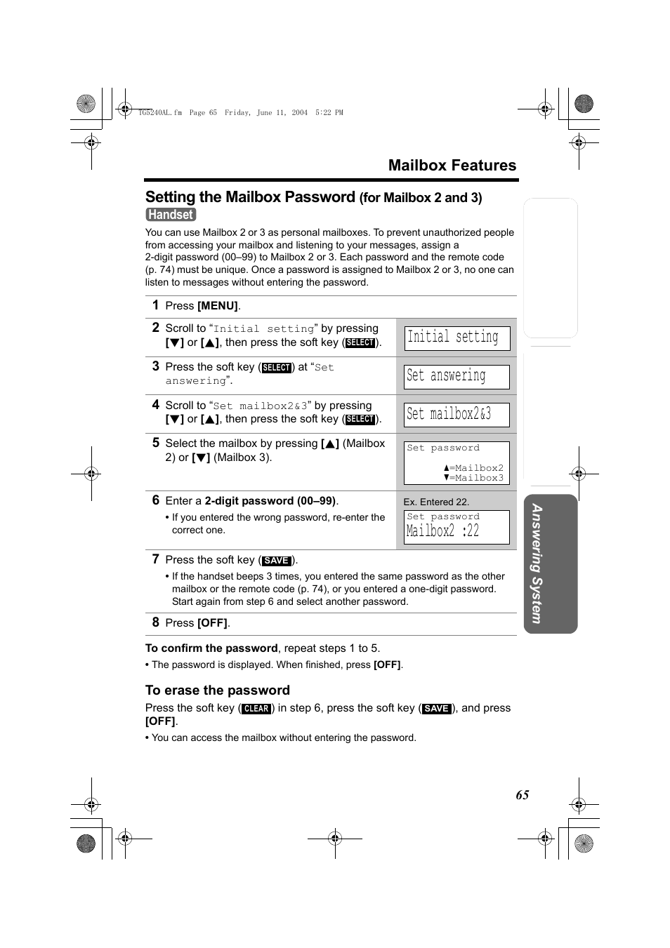 Initial setting, Set answering, Set mailbox2&3 | Mailbox2 :22, Mailbox features, Setting the mailbox password | Panasonic KX-TG5240AL User Manual | Page 65 / 100