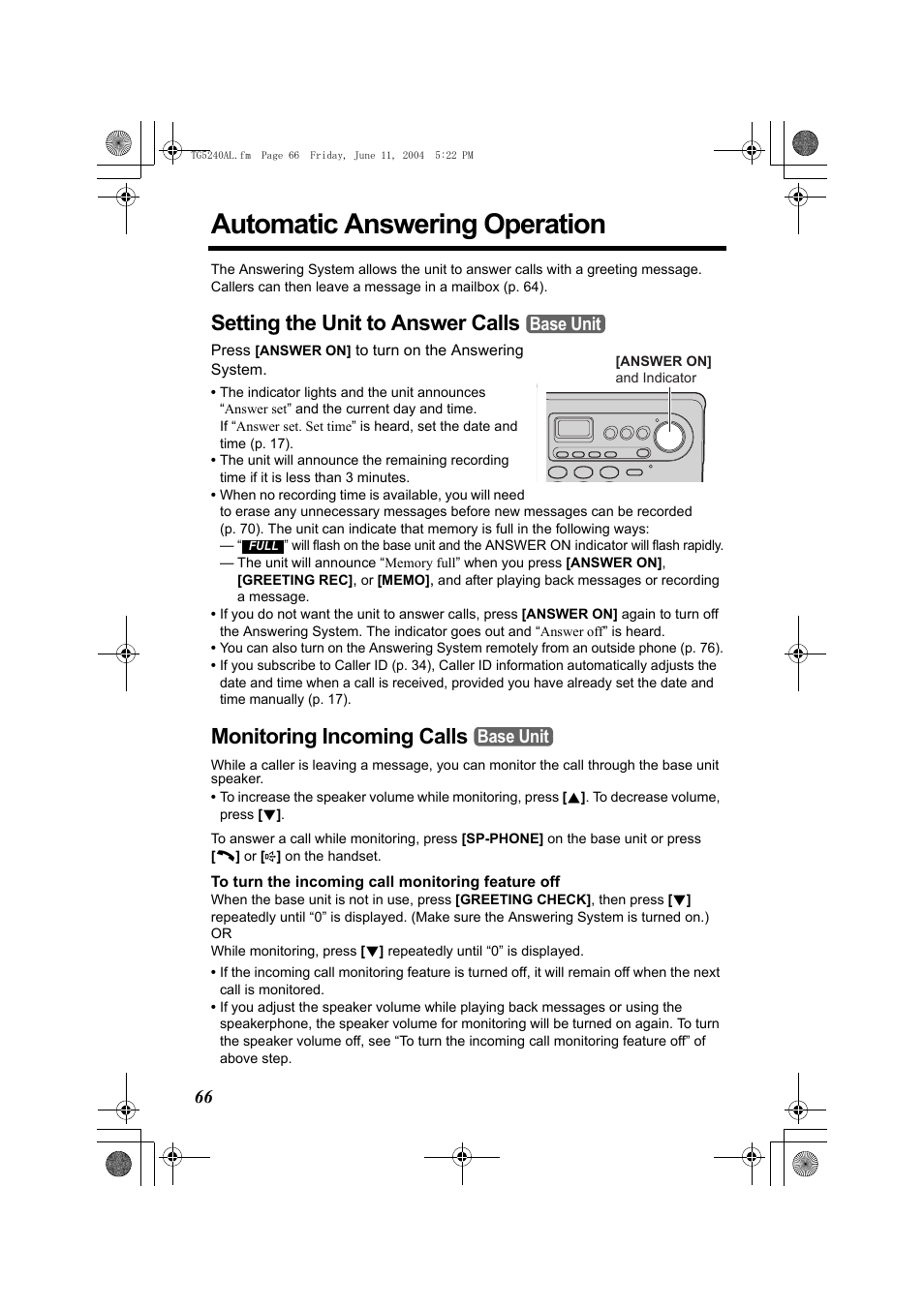 Automatic answering operation, Setting the unit to answer calls, Monitoring incoming calls | Base unit | Panasonic KX-TG5240AL User Manual | Page 66 / 100