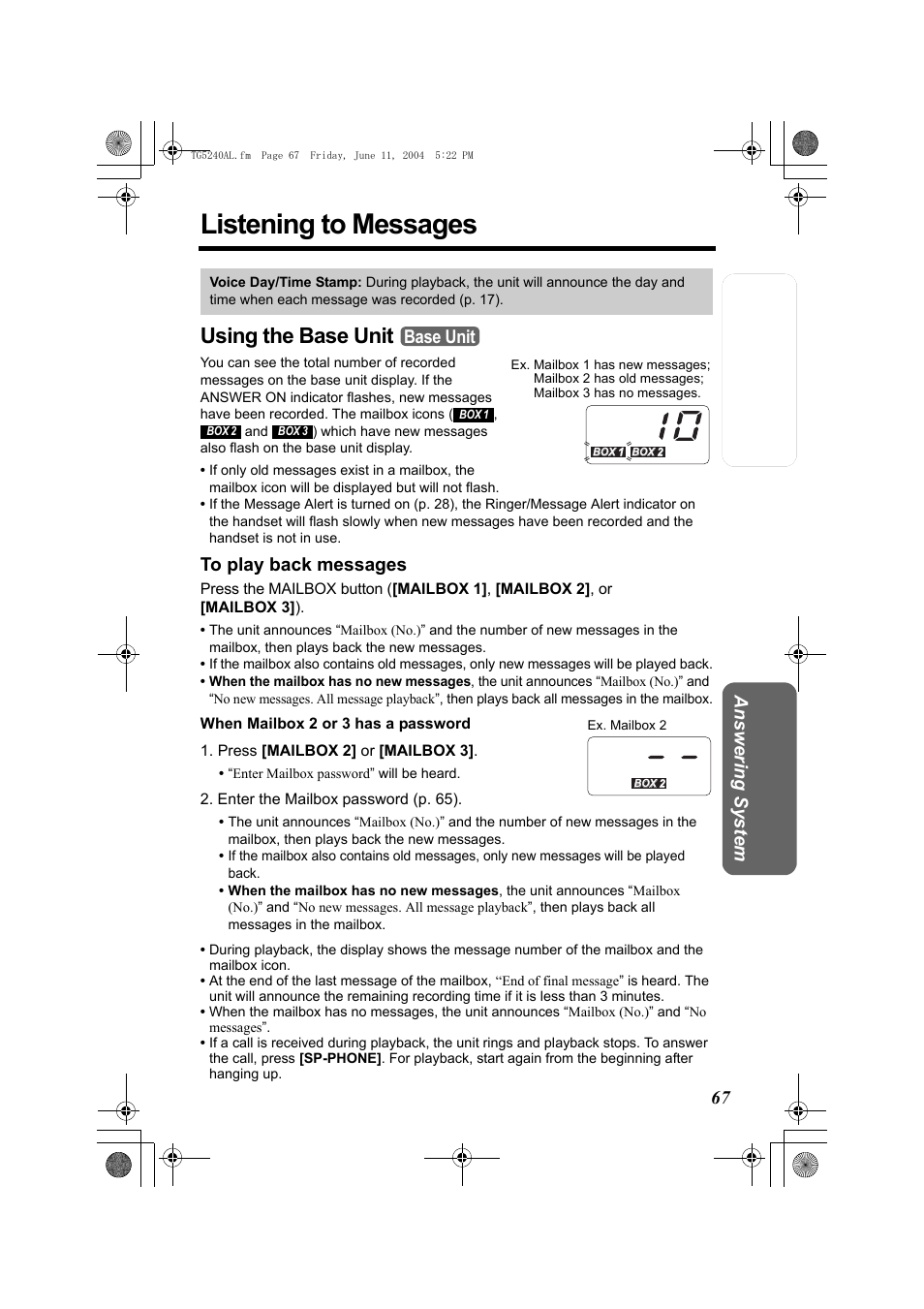 Listening to messages, Using the base unit, Base unit | Panasonic KX-TG5240AL User Manual | Page 67 / 100