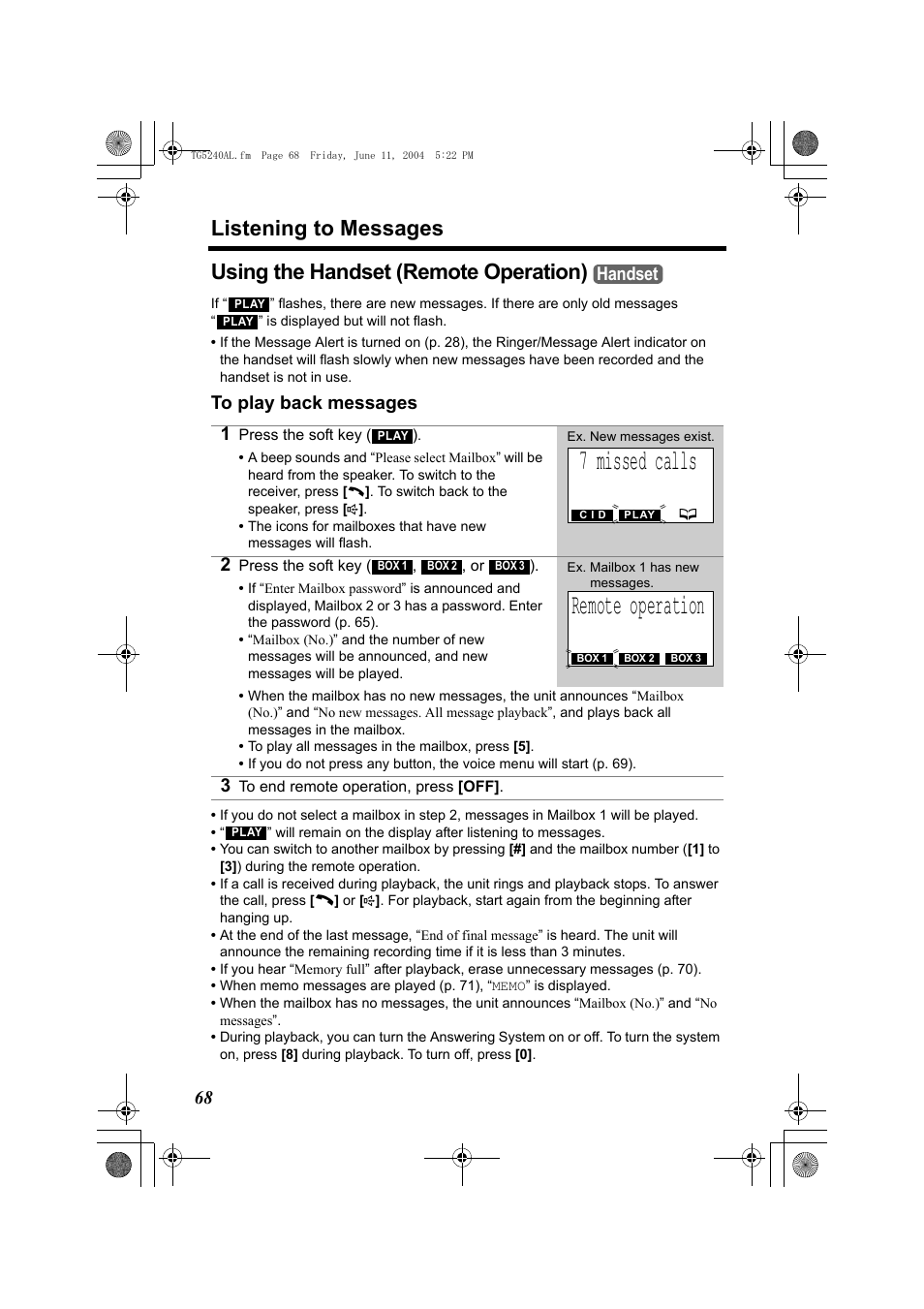 7 missed calls, Remote operation, Listening to messages | Using the handset (remote operation), Handset | Panasonic KX-TG5240AL User Manual | Page 68 / 100