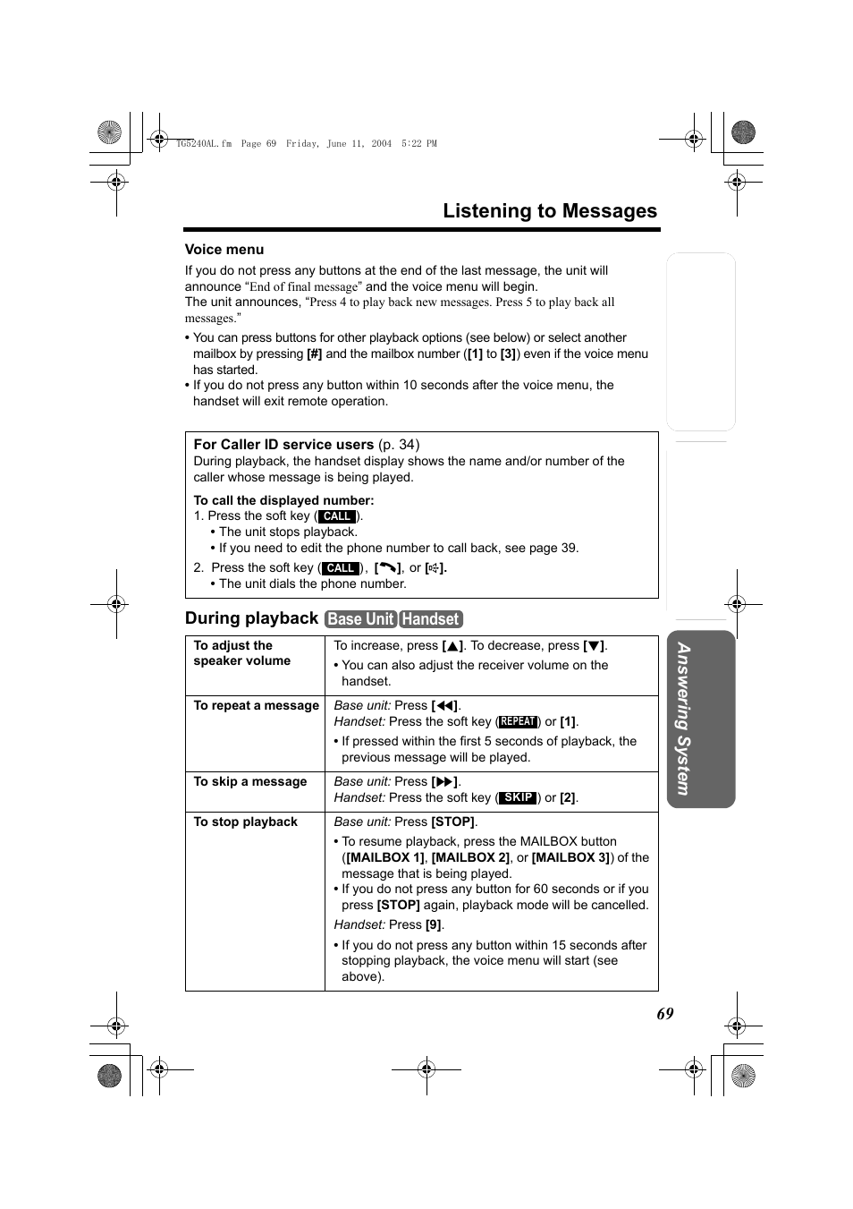 Listening to messages, Te lephone system, During playback | Base unit handset | Panasonic KX-TG5240AL User Manual | Page 69 / 100