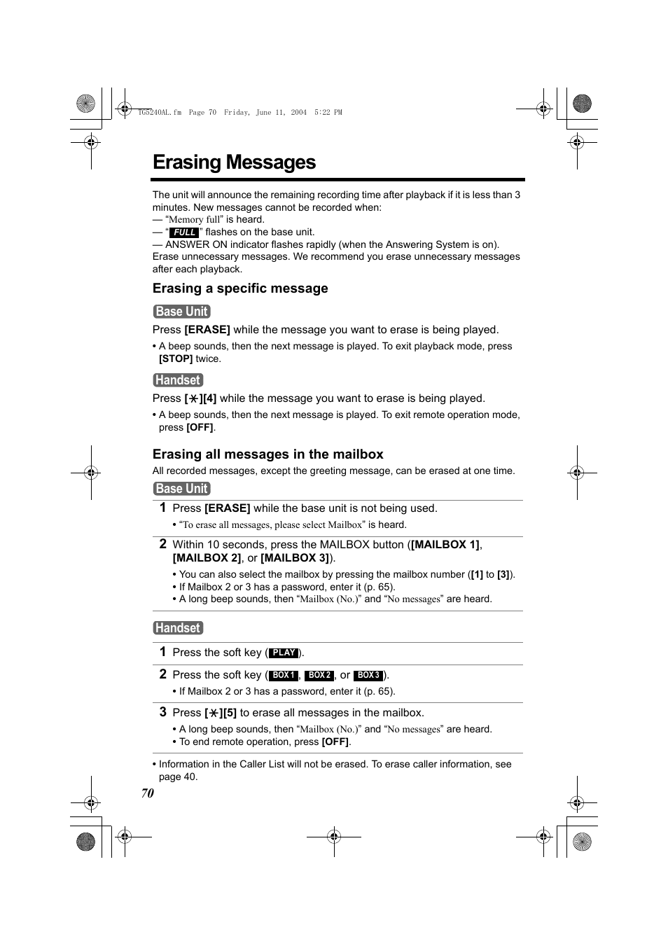 Erasing messages, Erasing a specific message, Erasing all messages in the mailbox | Base unit handset base unit handset | Panasonic KX-TG5240AL User Manual | Page 70 / 100