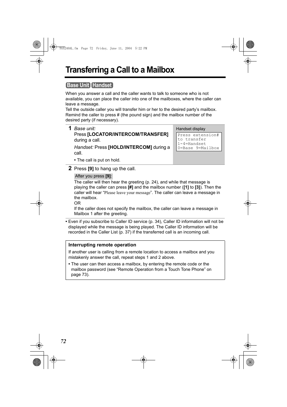 Transferring a call to a mailbox, Base unit handset | Panasonic KX-TG5240AL User Manual | Page 72 / 100