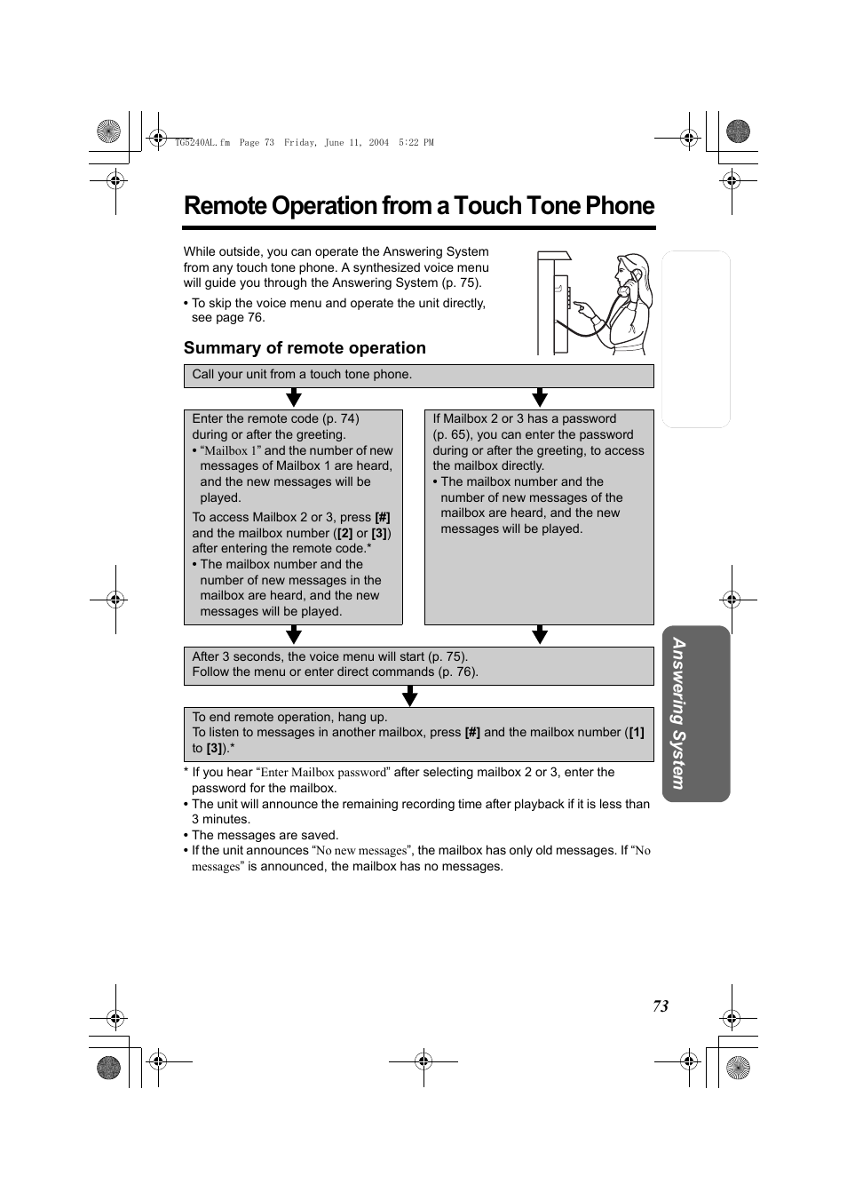 Remote operation from a touch tone phone | Panasonic KX-TG5240AL User Manual | Page 73 / 100