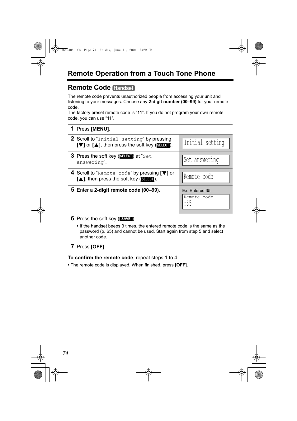 Initial setting, Set answering, Remote operation from a touch tone phone | Remote code | Panasonic KX-TG5240AL User Manual | Page 74 / 100