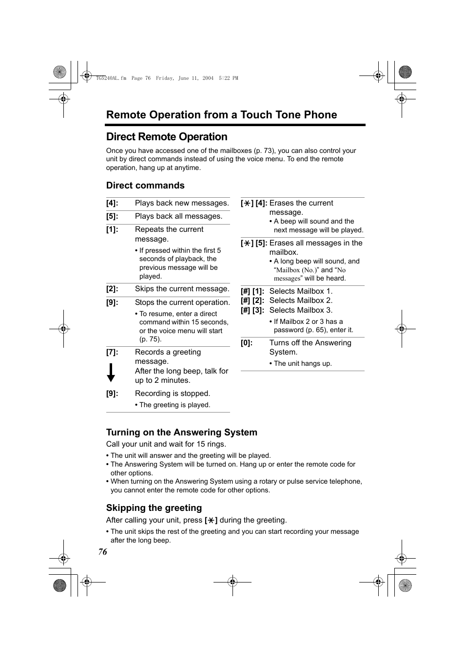Remote operation from a touch tone phone, Direct remote operation, Direct commands turning on the answering system | Skipping the greeting | Panasonic KX-TG5240AL User Manual | Page 76 / 100