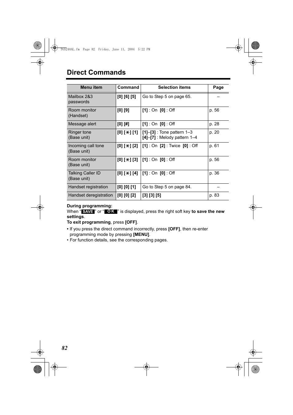 Direct commands | Panasonic KX-TG5240AL User Manual | Page 82 / 100
