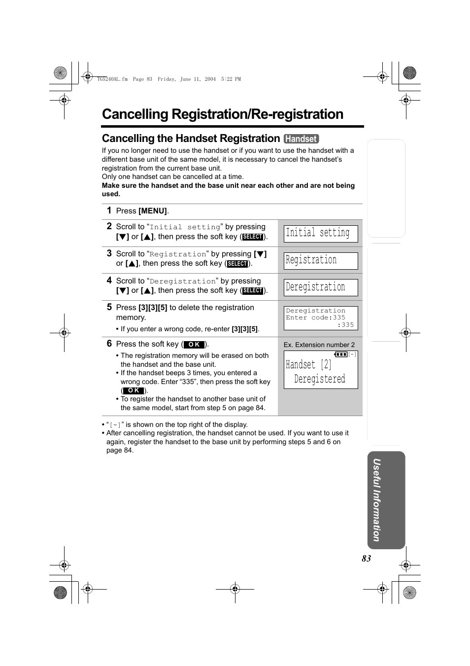 Cancelling registration/re-registration, Initial setting, Registration | Deregistration, Handset [2] deregistered, Cancelling the handset registration | Panasonic KX-TG5240AL User Manual | Page 83 / 100