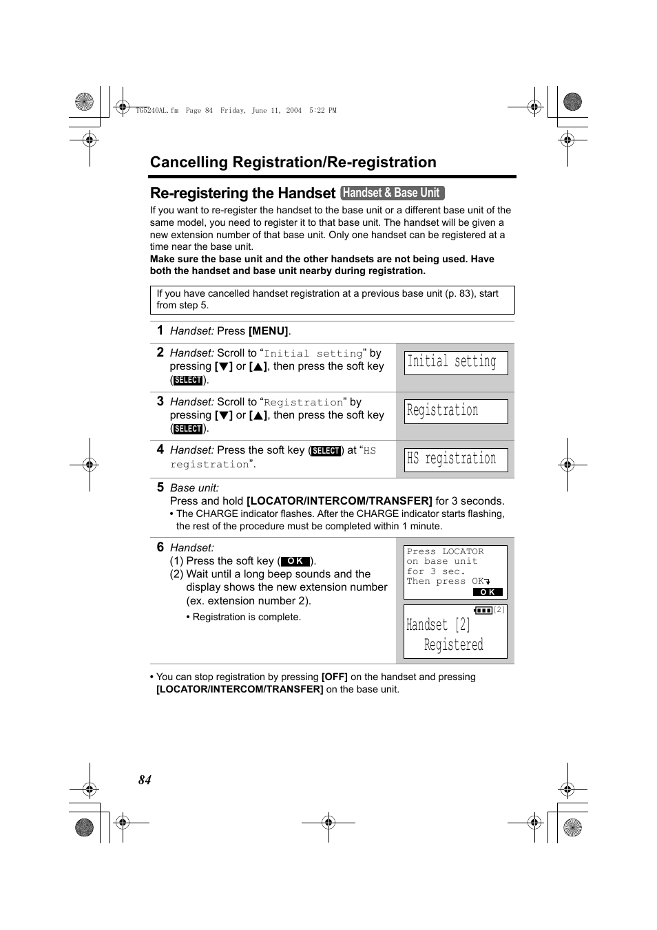 Initial setting, Registration, Hs registration | Handset [2] registered, Cancelling registration/re-registration, Re-registering the handset | Panasonic KX-TG5240AL User Manual | Page 84 / 100