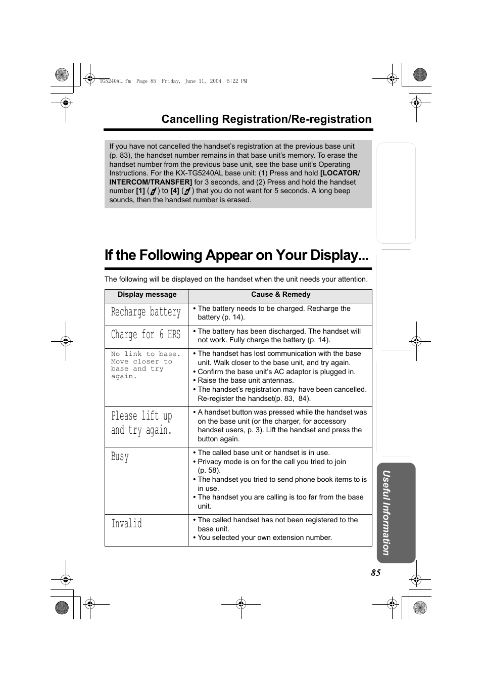 If the following appear on your display, Recharge battery, Charge for 6 hrs | Please lift up and try again, Busy, Invalid, Cancelling registration/re-registration | Panasonic KX-TG5240AL User Manual | Page 85 / 100