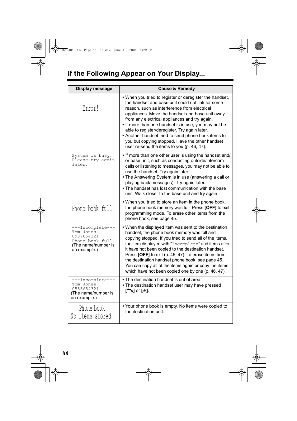 Error, Phone book full, Phone book no items stored | If the following appear on your display | Panasonic KX-TG5240AL User Manual | Page 86 / 100