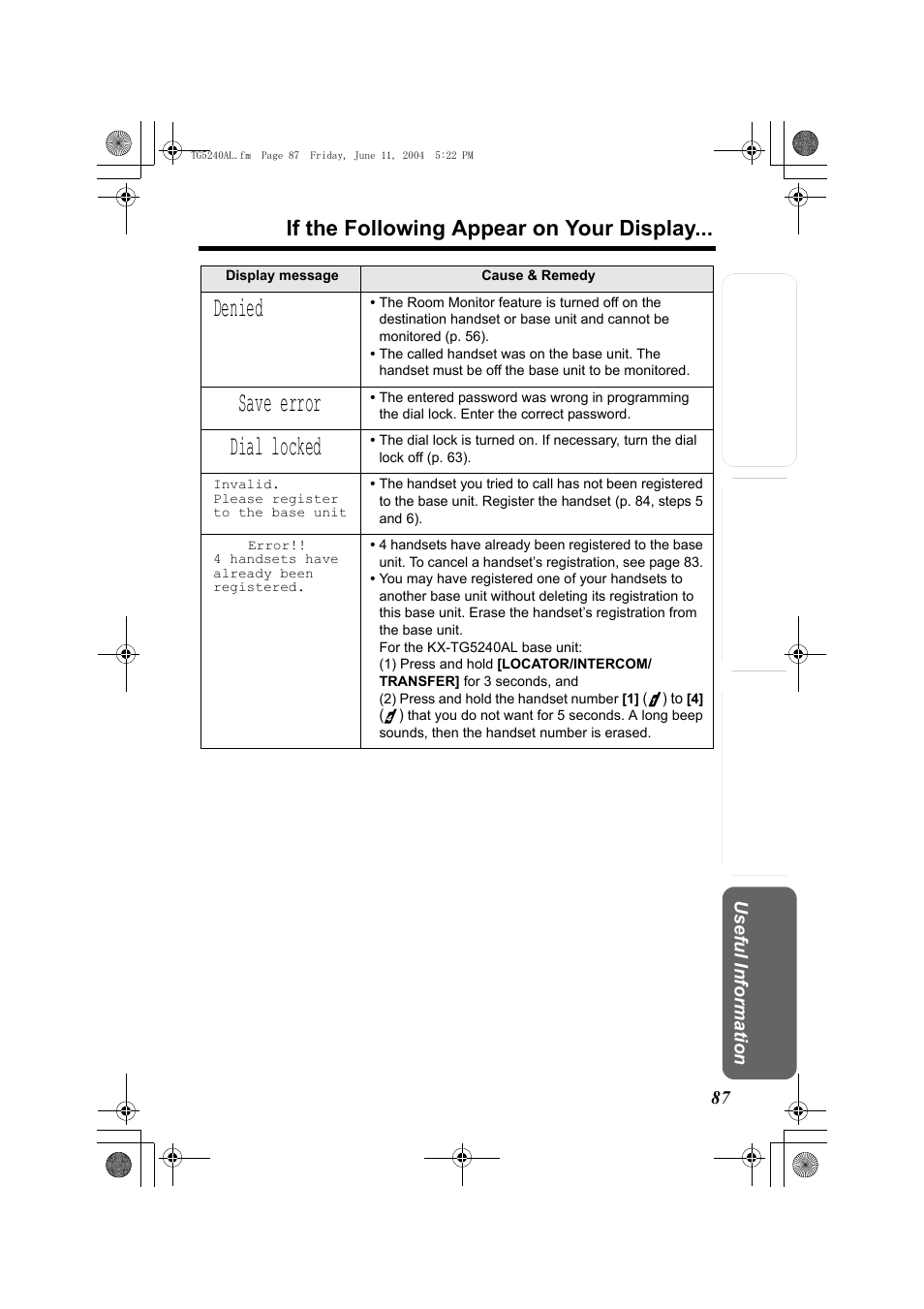 Denied, Save error, Dial locked | If the following appear on your display | Panasonic KX-TG5240AL User Manual | Page 87 / 100