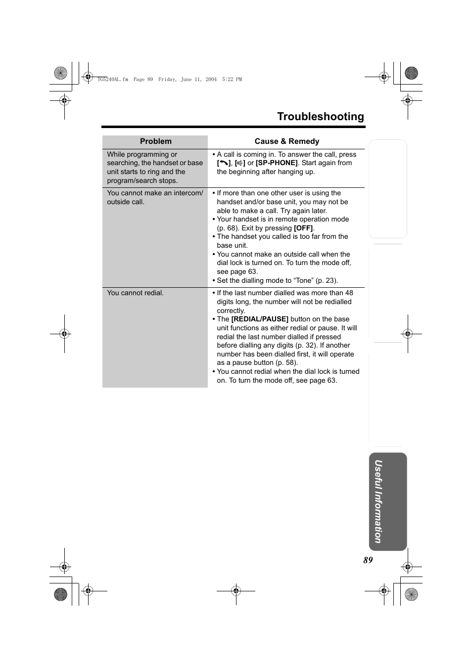 Troubleshooting, Te lephone system | Panasonic KX-TG5240AL User Manual | Page 89 / 100