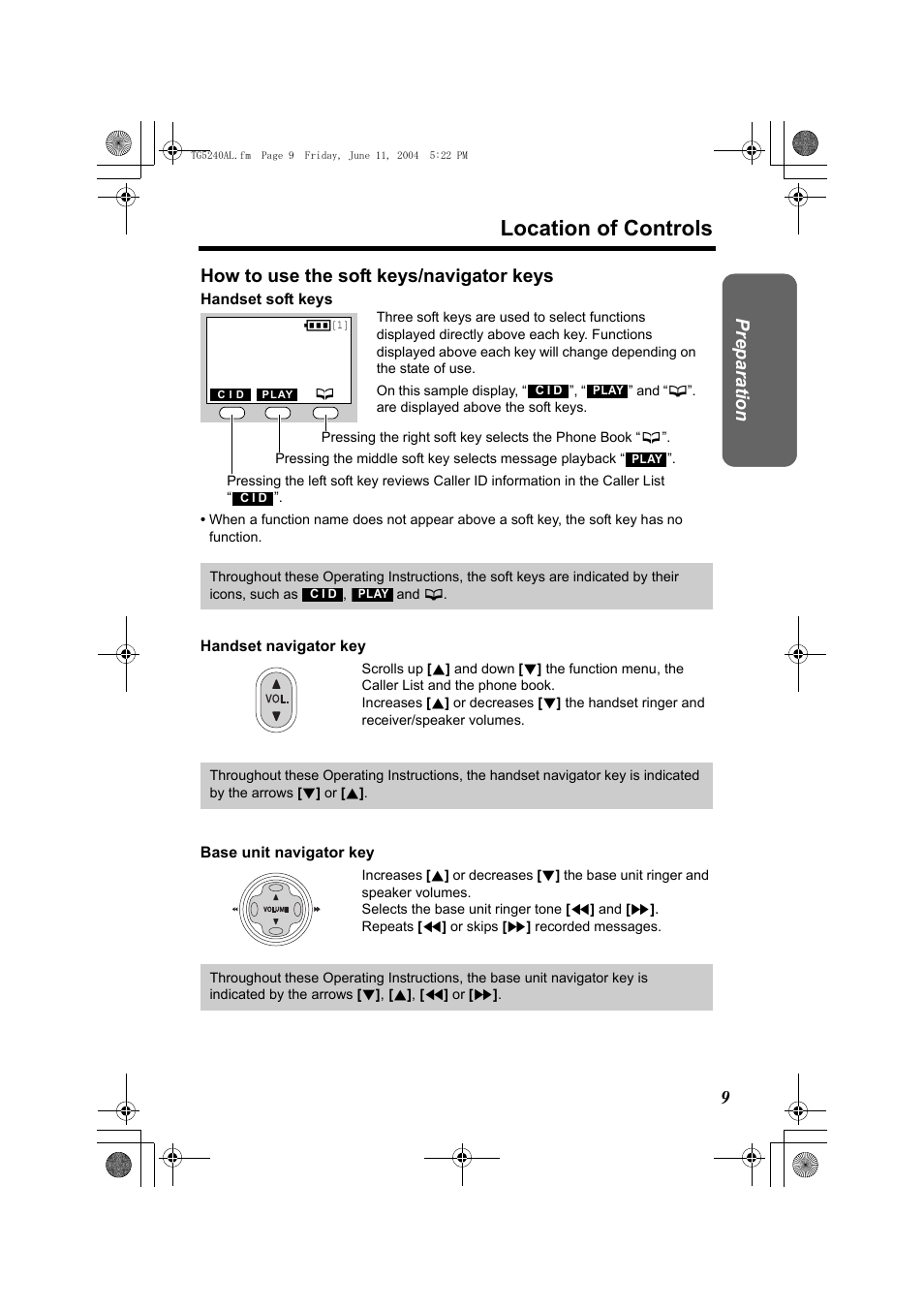 Location of controls, Preparatio n, How to use the soft keys/navigator keys | Panasonic KX-TG5240AL User Manual | Page 9 / 100