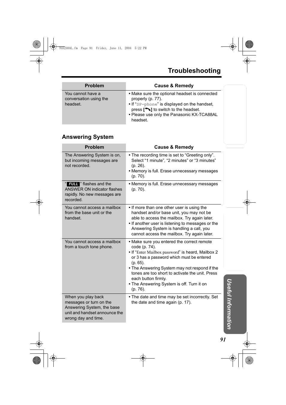 Troubleshooting, Te lephone system answering system | Panasonic KX-TG5240AL User Manual | Page 91 / 100