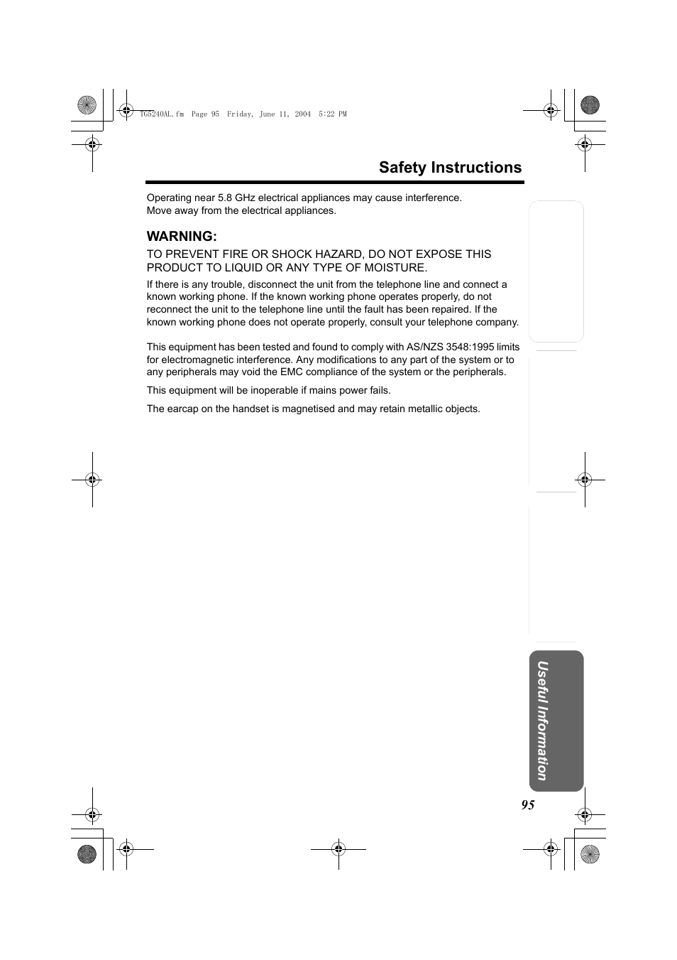 Safety instructions | Panasonic KX-TG5240AL User Manual | Page 95 / 100