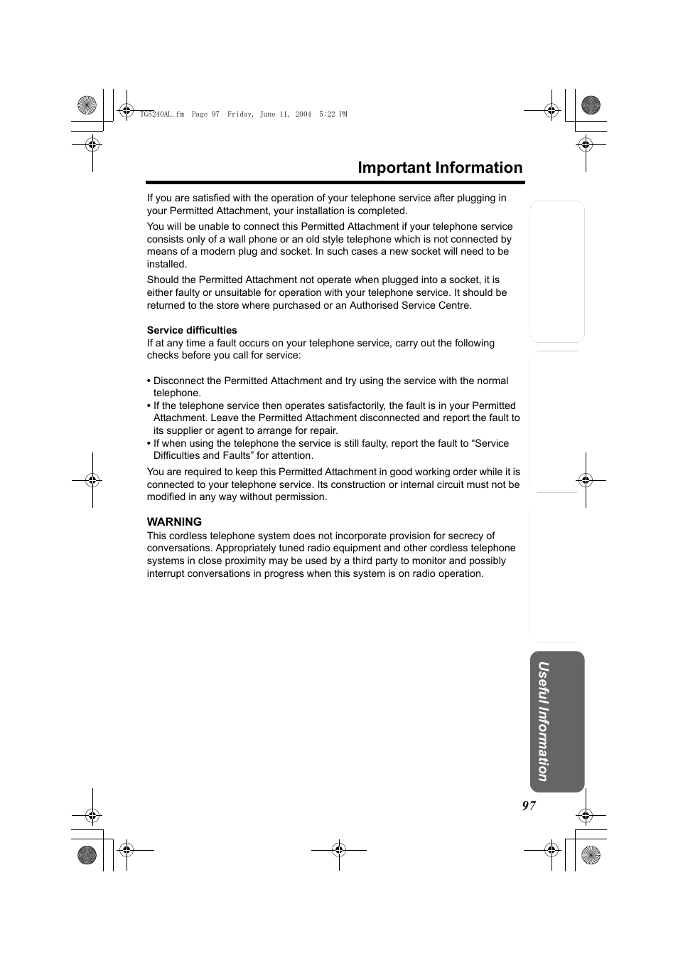Important information | Panasonic KX-TG5240AL User Manual | Page 97 / 100