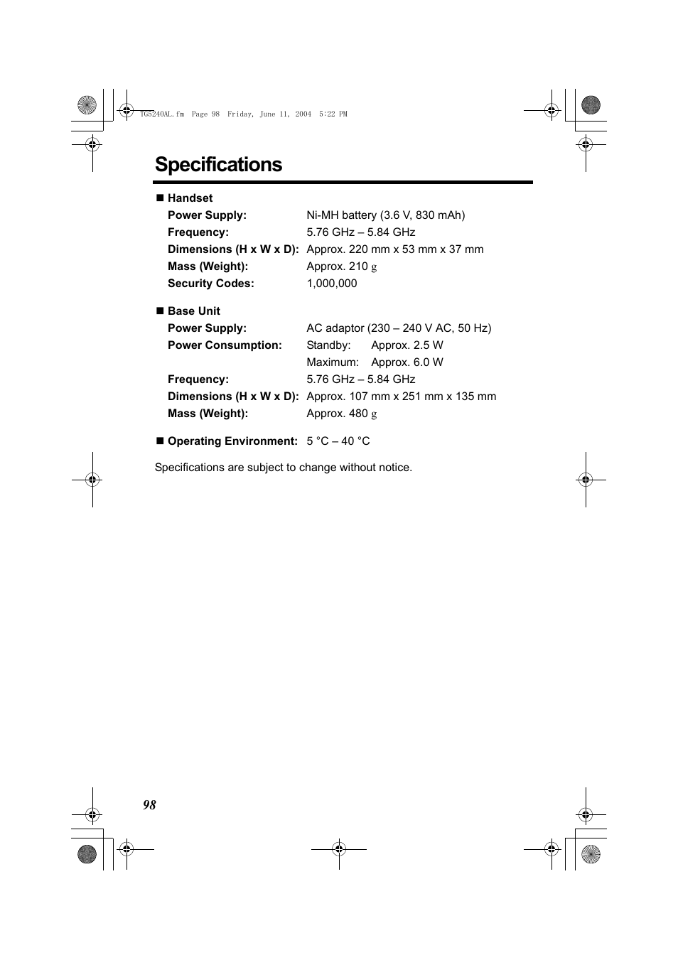 Specifications | Panasonic KX-TG5240AL User Manual | Page 98 / 100