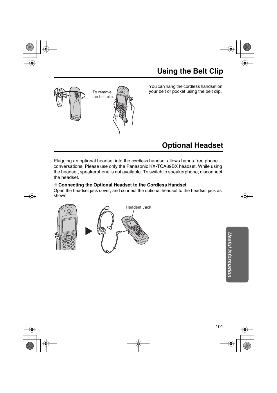 Using the belt clip optional headset | Panasonic KX-TCD535HK User Manual | Page 101 / 116