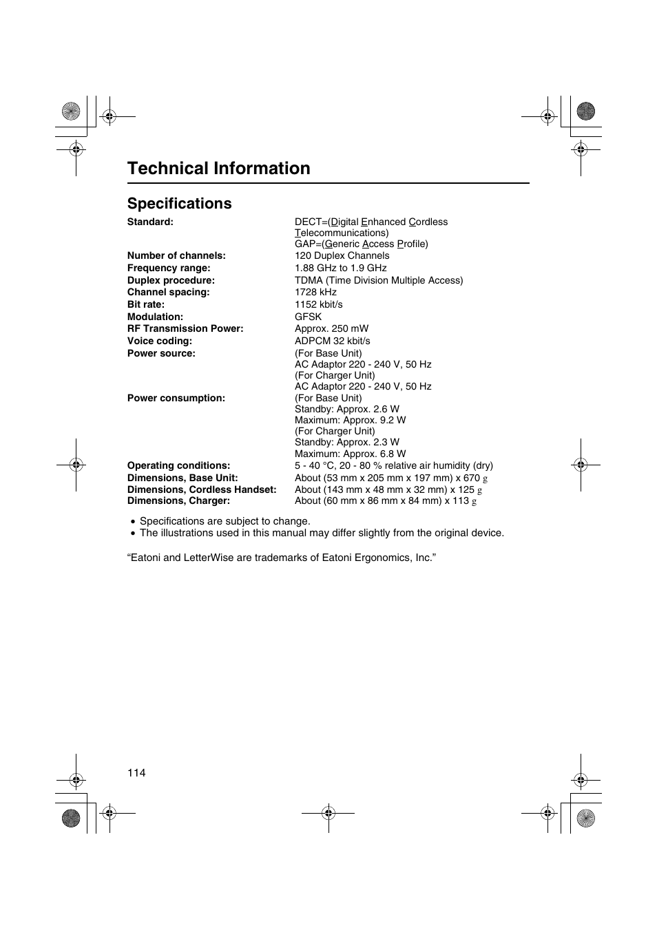 Technical information, Specifications | Panasonic KX-TCD535HK User Manual | Page 114 / 116