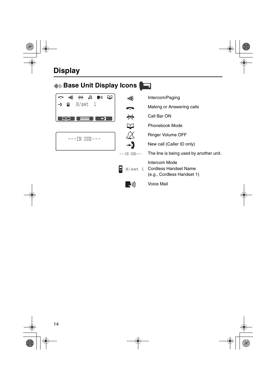 Display, Base unit display icons, H/set 1 in use | Panasonic KX-TCD535HK User Manual | Page 14 / 116