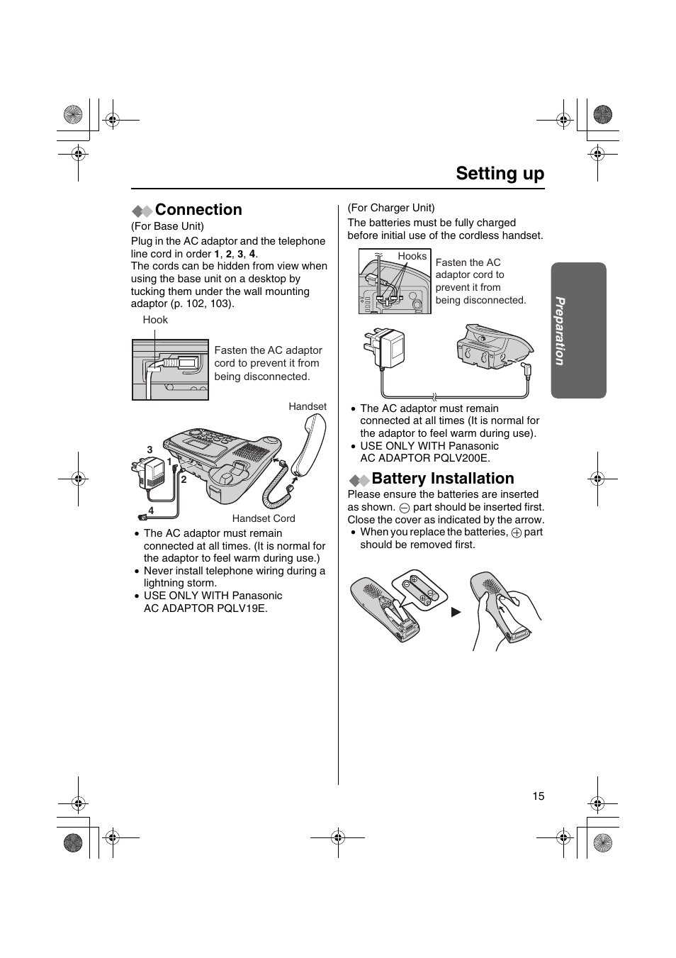 Setting up, Connection, Battery installation | Panasonic KX-TCD535HK User Manual | Page 15 / 116