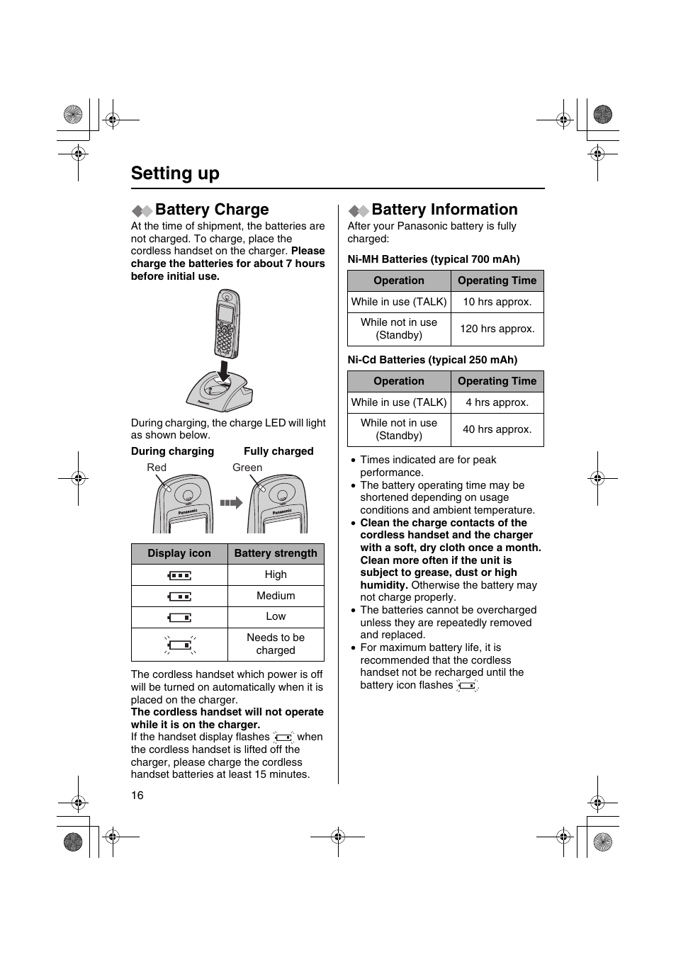 Setting up, Battery charge, Battery information | Panasonic KX-TCD535HK User Manual | Page 16 / 116