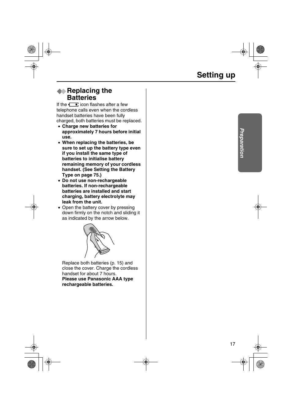 Setting up, Replacing the batteries | Panasonic KX-TCD535HK User Manual | Page 17 / 116