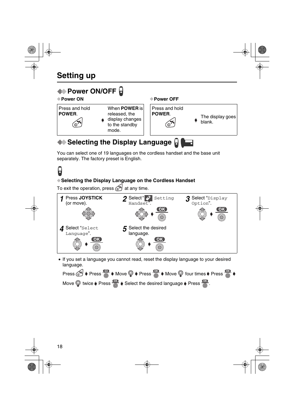 Setting up, Power on/off, Selecting the display language | Panasonic KX-TCD535HK User Manual | Page 18 / 116